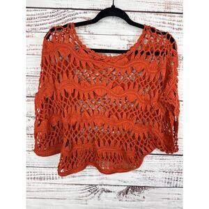 Womens Y2K Solution Orange Crochet Knit Dolman Sleeve Crop Sweater Boho Retro M